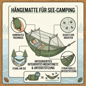 Eine hängematte für see camping mit integriertem Moskitonetz zum Schutz vor Insekten.