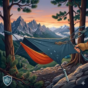 Grafik einer hängematte camping am berg mit einem Tarp als Schutz vor dem Wetter.