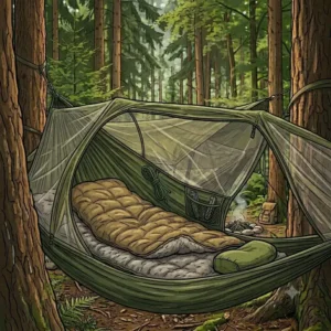 Blick in eine geöffnete Hängematte im Wald mit einer Isomatte und einem dicken Schlafsack für kalte Nächte beim Wildcamping (Camping Hängematte für Wald).