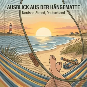 Grafische Darstellung einer Person in einer hängematte strand camping mit Meerblick.