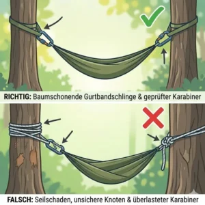 Eine Schritt-für-Schritt-Anleitung zeigt die richtige und sichere Befestigung einer Hängematte mit geprüften Karabinern am Baum.
