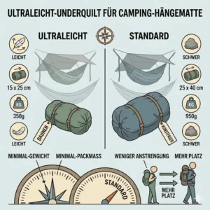Darstellung von Packmaß und geringem Gewicht für ein underquilt für camping hängematte.