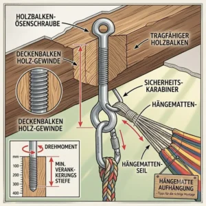 Schritt-für-Schritt-Grafik zur Befestigung an Holzdeckenbalken aus dem Hängematte aufhängung ratgeber.