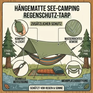Wetterfester Schutz durch ein Tarp über einer hängematte für see camping bei Regen.
