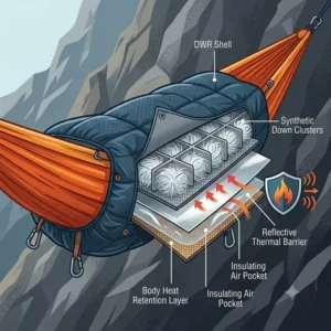 Illustration einer hängematte camping am berg mit einem Underquilt zur Isolation.