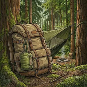 Eine kompakt zusammengepackte, leichte Hängematte im Kompressionssack, die an der Seite eines Wanderrucksacks im Wald befestigt ist (Camping Hängematte für Wald).