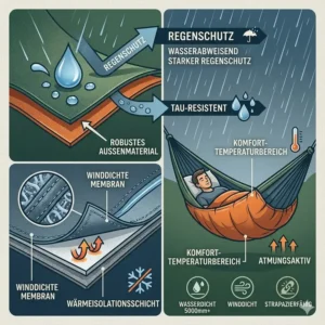 Detailansicht der hochwertigen, wetterfesten Materialien einer robusten camping hängematte unterlage.