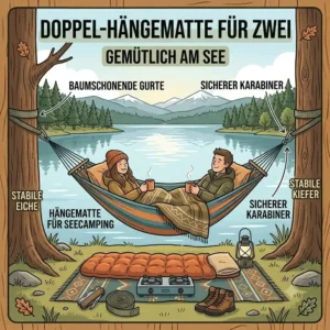 Ein Pärchen entspannt in einer großen Doppel hängematte für see camping am Seeufer