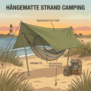 Illustration einer hängematte strand camping mit einem schützenden Tarp gegen Sonne.