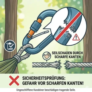 Sicherheitsprüfung im Hängematte Karabiner Test warnt vor scharfen Kanten, die das Seil beschädigen könnten.
