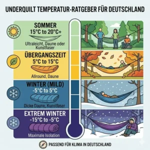 Eine übersichtliche Temperaturskala zur Auswahl des passenden underquilt für camping hängematte.