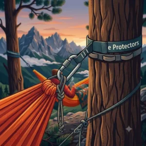 Detailzeichnung von Baumschonern für hängematte camping am berg zum Umweltschutz.