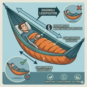 Illustration zur ergonomischen Liegeposition in der Hängematte mit einer stabilisierenden camping hängematte unterlage.