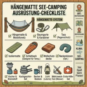 Eine Übersicht der wichtigsten Ausrüstungsteile für das Übernachten in einer hängematte für see camping.