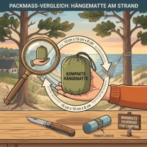Zeichnung, die das kleine Packmaß einer hängematte strand camping verdeutlicht.