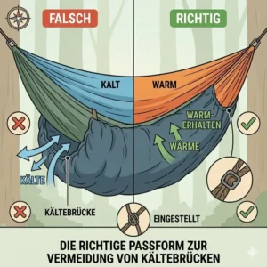 Illustration zur Vermeidung von Kältebrücken durch die richtige Justierung von einem underquilt für camping hängematte.