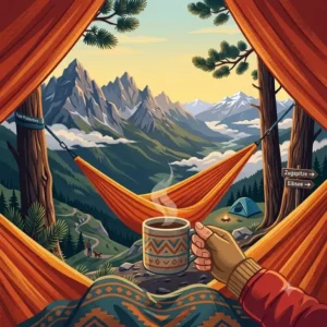 Illustration der Aussicht aus einer hängematte camping am berg auf die Berggipfel.