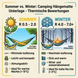 Grafische Übersicht der R-Werte und Temperaturbereiche für jede camping hängematte unterlage im Sommer und Winter.