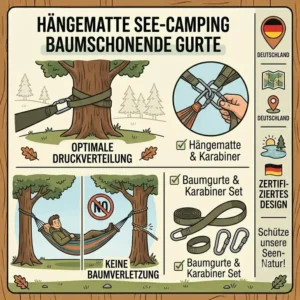 Baumschonende Gurte zur sicheren Befestigung einer hängematte für see camping in der Natur.