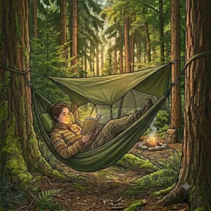 Eine Camperin liest entspannt ein Buch in einer Hängematte, während die Sonnenstrahlen durch das Blätterdach des Waldes fallen (entspannt mit Camping Hängematte für Wald).