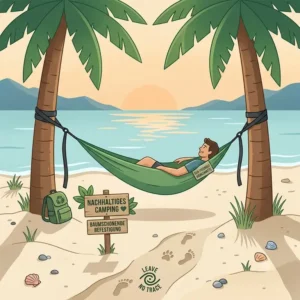 Alt Text: Illustration zum umweltfreundlichen hängematte strand camping mit baumschonenden Gurten.