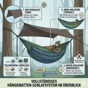 Komplettes Outdoor-Schlafsystem bestehend aus Tarp, Isomatte und einem underquilt für camping hängematte.