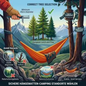 Sicherheits-Illustration zur Auswahl stabiler Bäume für hängematte camping am berg.