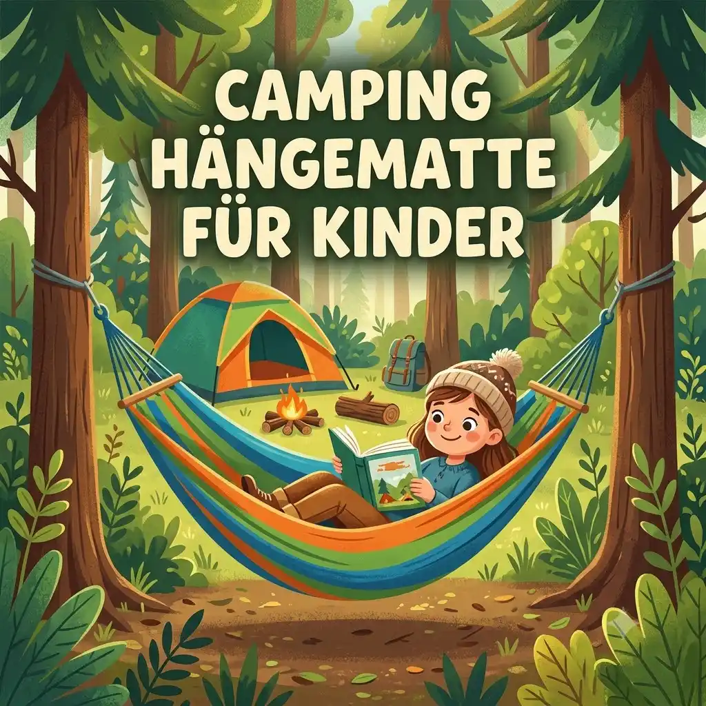 A colorful camping hängematte für kinder set up safely between two trees in a forest.