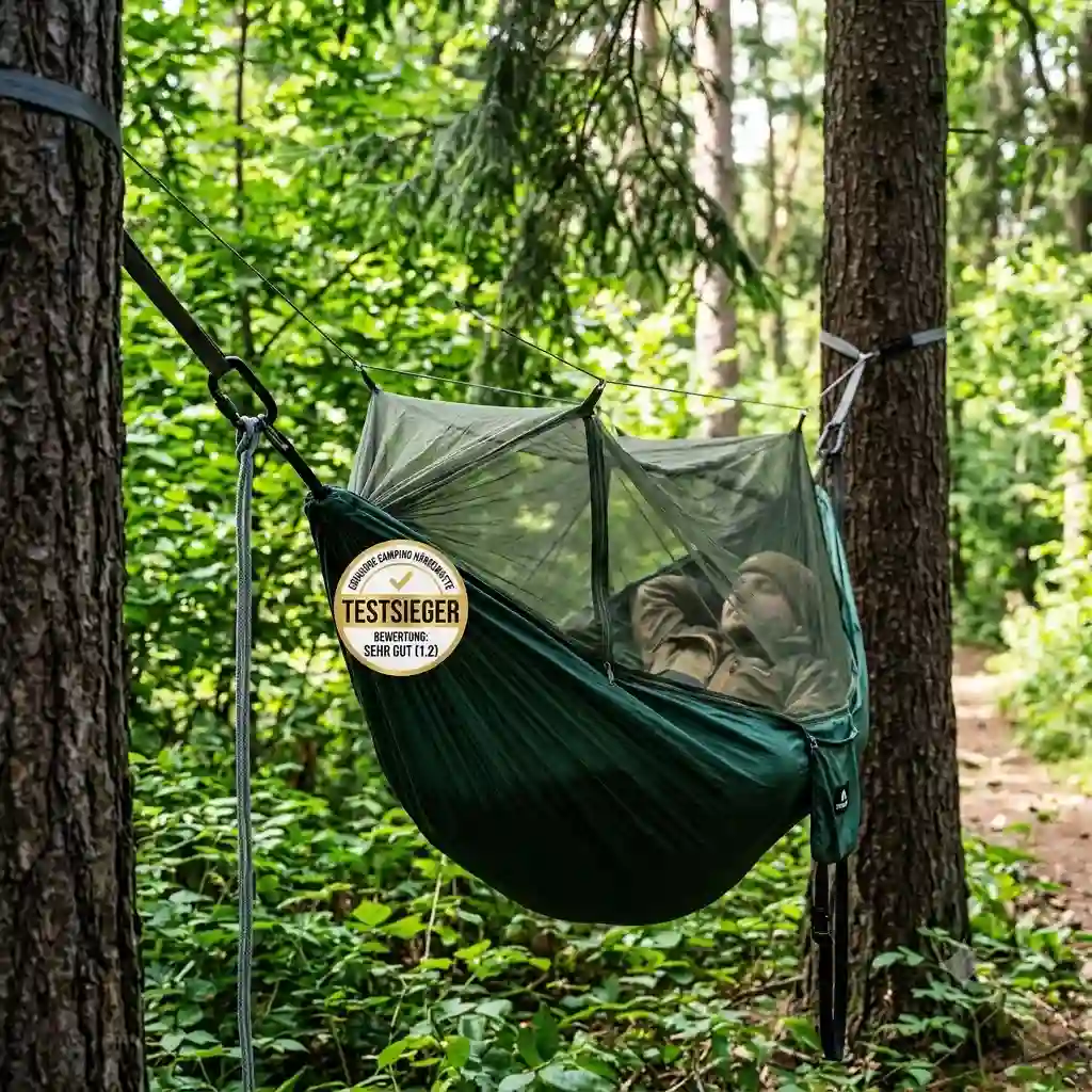 Covacure camping hängematte test winner image showing the hammock set up in the forest.