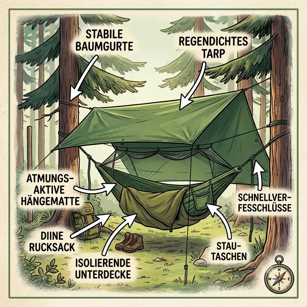 DD Hammocks camping review 2026 showcasing the DD Frontline hammock suspended between two pine trees in a dense forest campground during a wilderness camping trip.