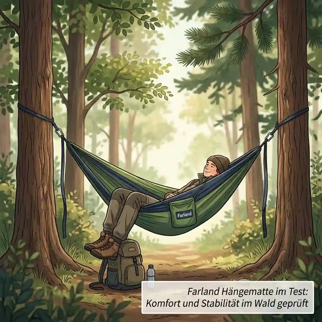 Farland hammock test showing the double camping hammock fully set up between trees in a forest.