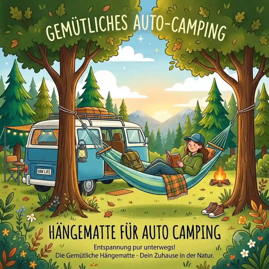 A cozy hängematte für auto camping set up between two trees next to a parked camper van in nature.