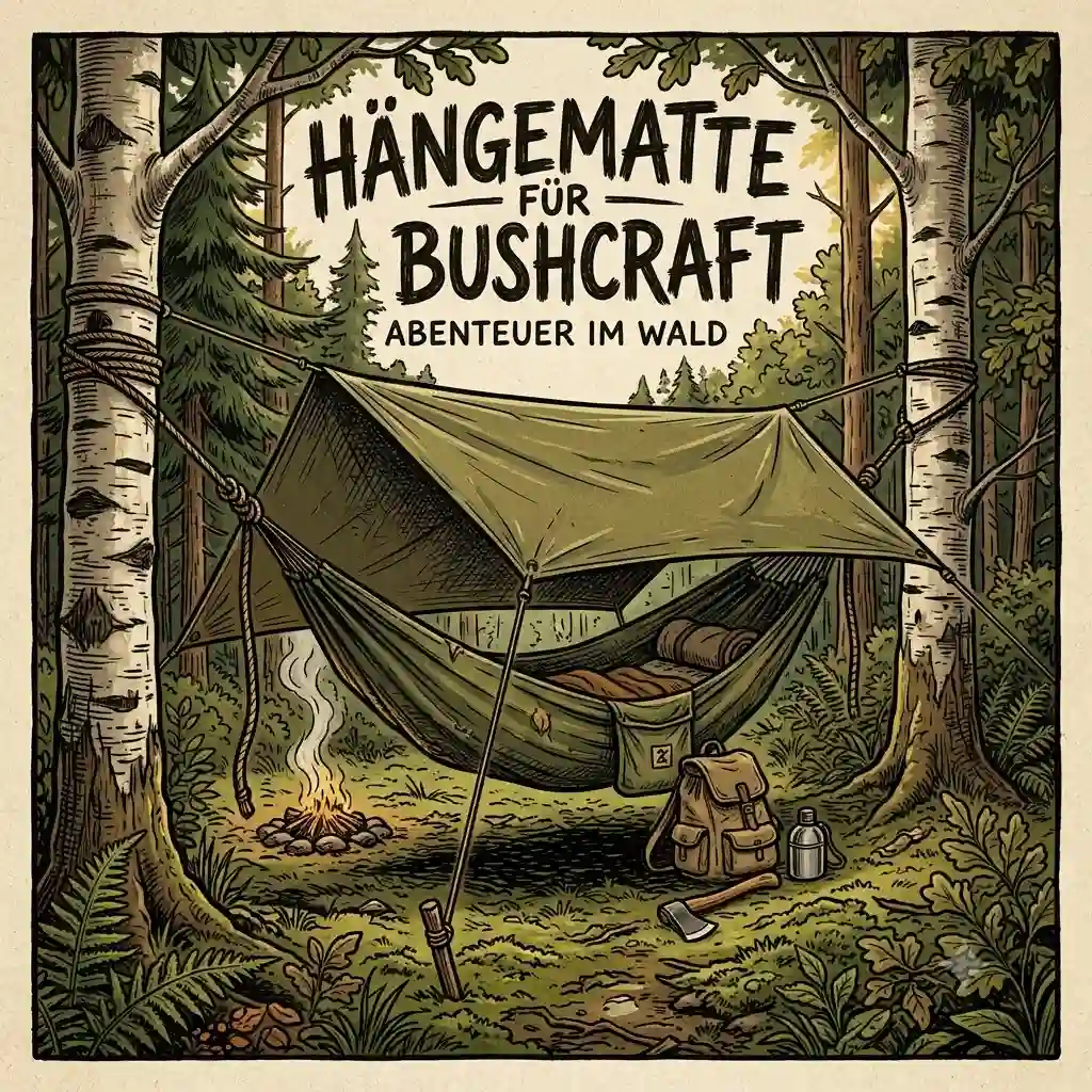 A complete haengematte fuer bushcraft setup with a tarp in a dense forest.hängematte für bushcraft