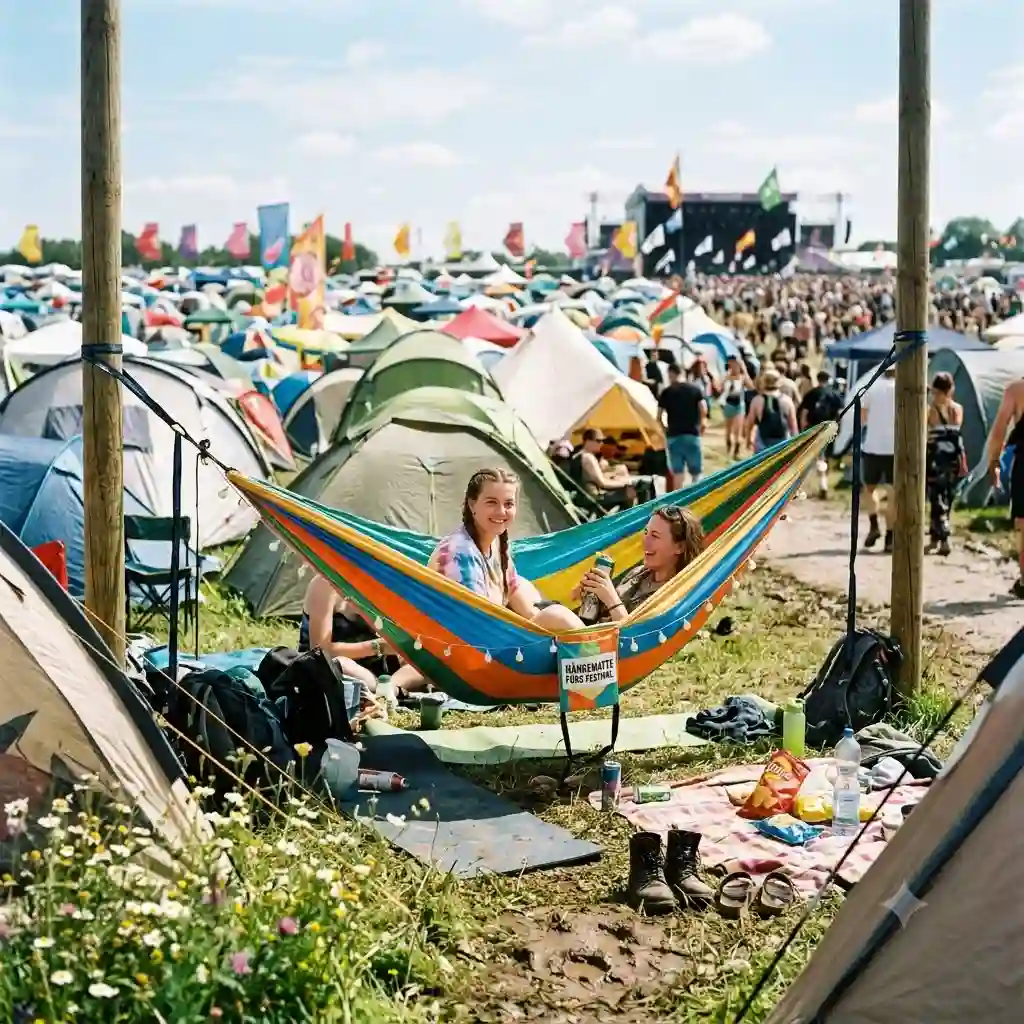 Bunte Hängematte fürs Festival auf dem Campingplatz zwischen Zelten