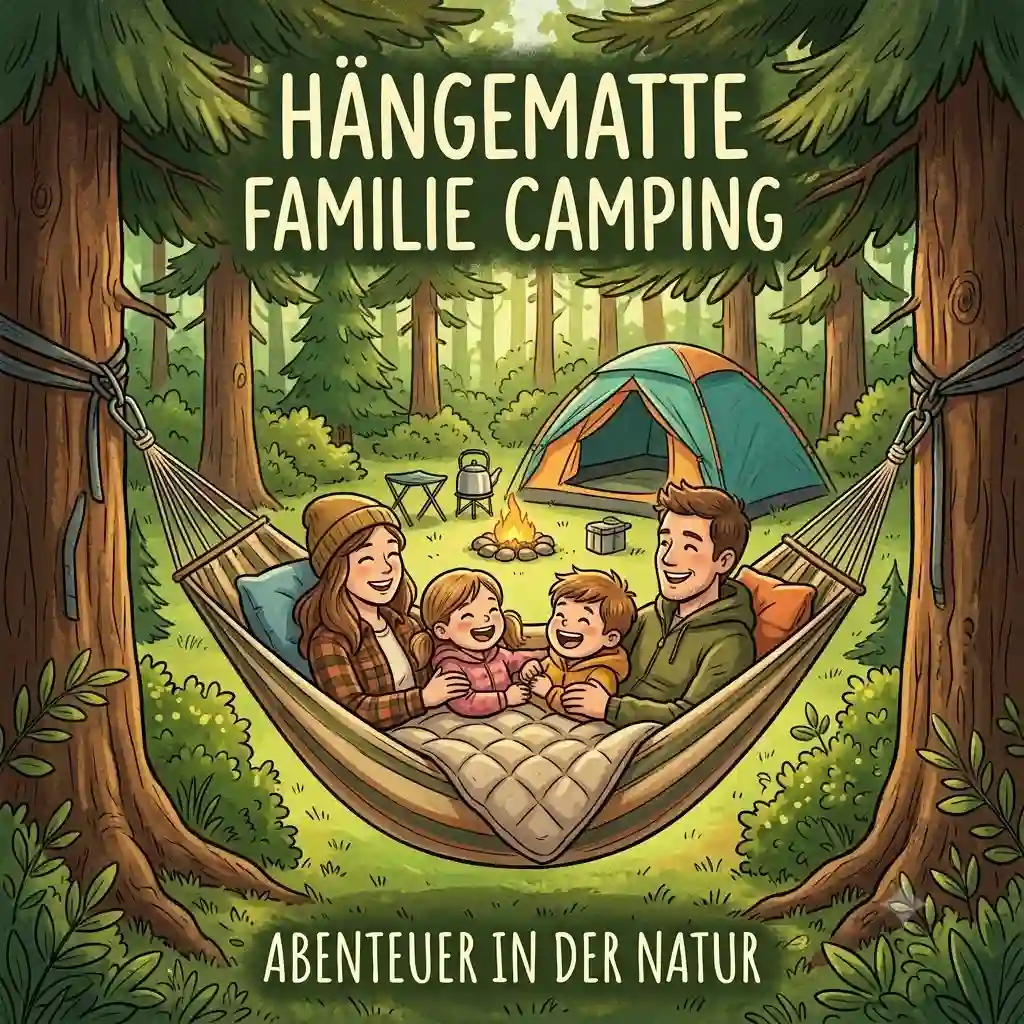 A happy family relaxing together in a large hammock while camping in the forest, perfect for hängematte familie camping.