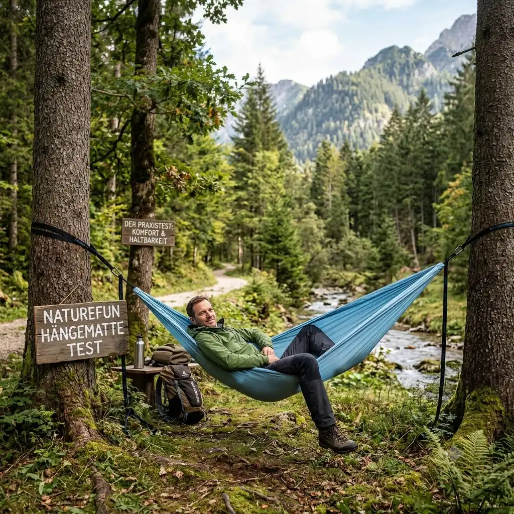 Lightweight outdoor hammock suspended between trees in a forest during a naturefun hängematte test.
