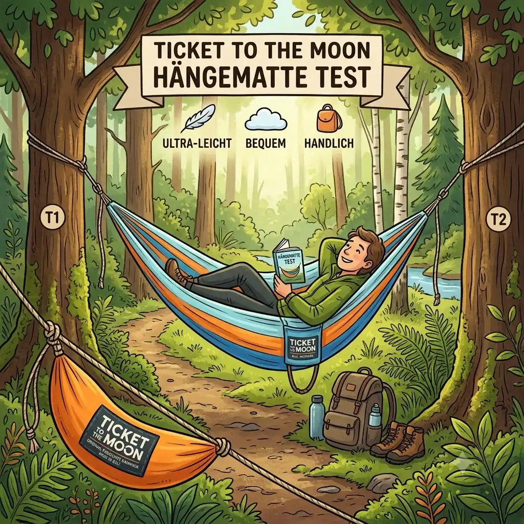 A vibrant infographic for a comprehensive Ticket to the Moon Hängematte Test, summarizing all key findings with German text and icons.