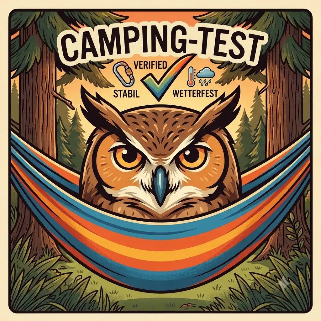 Wise Owl hammock camping test set up between two pine trees in a mountain forest