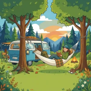 Illustration showing how to attach a hängematte für auto camping to the vehicle using special straps.