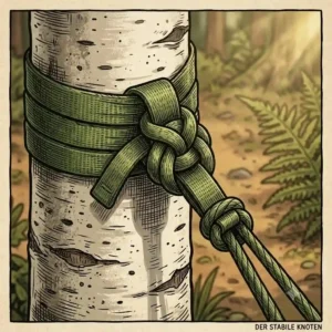 Close-up detail of haengematte fuer bushcraft suspension straps with knots on a tree trunk.
