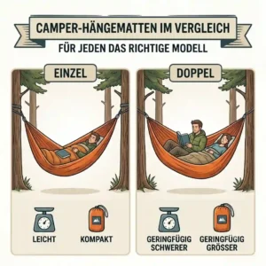 Comparing single versus double hammock sizes to determine which type of camping hammock to buy, labeled welche camping hängematte kaufen.