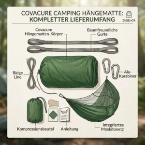 The full set of components included in the covacure camping hängematte test delivery.