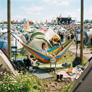 Illustration zur einfachen Befestigung einer Hängematte fürs Festival mit Baumgurten
