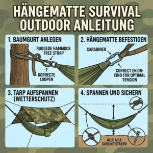 An infographic step-by-step setup guide for a hängematte für survival outdoor with tree straps.