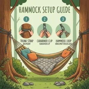 Step-by-step infographic guide showing how to securely set up a hammock for a hängematte familie camping trip.