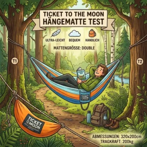 An illustrative guide explaining the Ticket to the Moon Hängematte Test, showing the proper setup sequence and the innovative Moon Straps.