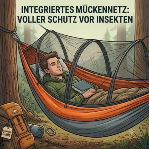 An integrated mosquito net on a model showing optimal bug protection features when researching welche camping hängematte kaufen.
