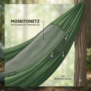 Detailed view of the integrated mosquito net feature for the covacure camping hängematte test.