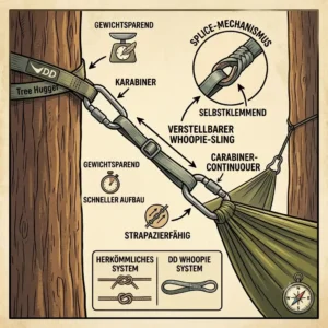 Close-up review of the lightweight Dyneema Whoopie Slings suspension system attached to a tree trunk with tree hugger straps.
