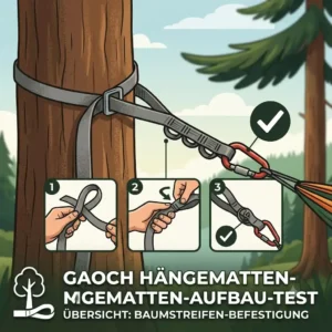 Gaoch Camping Hängematte Test - Schritt-für-Schritt Anleitung zur Befestigung der Baumstreifen und Karabiner